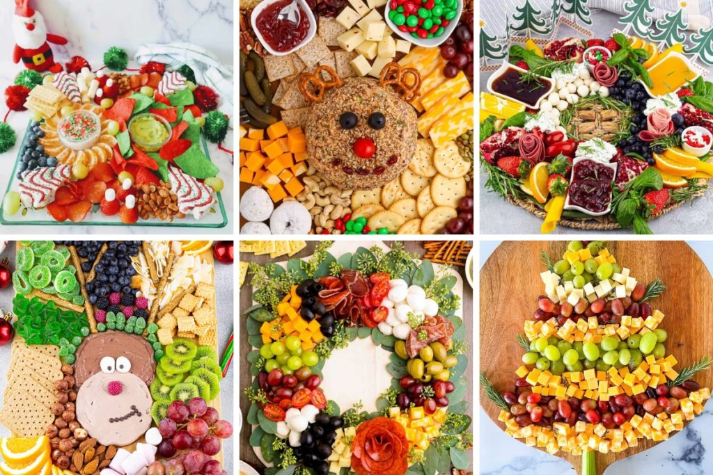 A festive collage of Christmas charcuterie boards, featuring a reindeer-shaped cheese ball and tree-shaped designs.