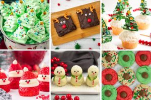 A collage of Christmas treats for kids: meringue trees, reindeer brownies, tree cupcakes, strawberry Santas, snowmen, and thumbprint cookies.