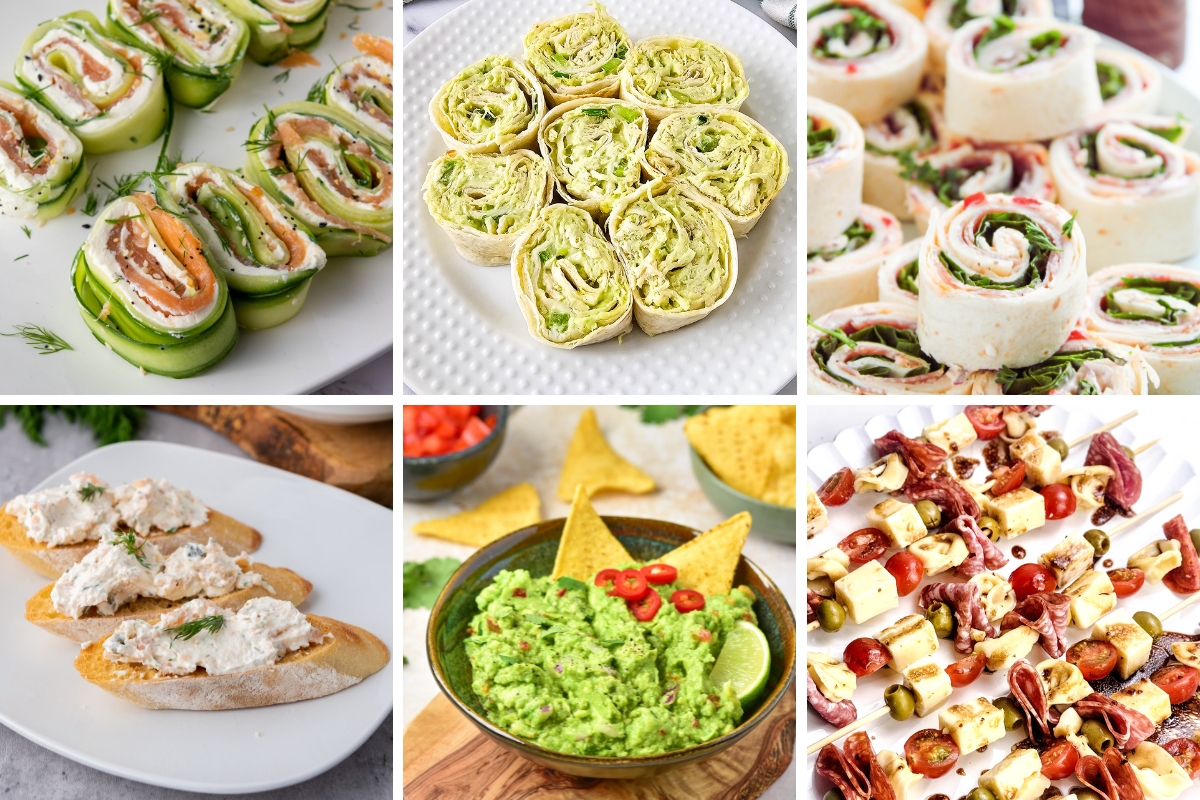 Assorted cold appetizers including pinwheels, crostini, guacamole dip, and skewers with cheese, meats, and vegetables.
