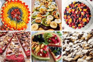 Assorted dessert pizza recipes topped with fruits, chocolate, marshmallows, nuts, and sweet drizzles for creative party treats.