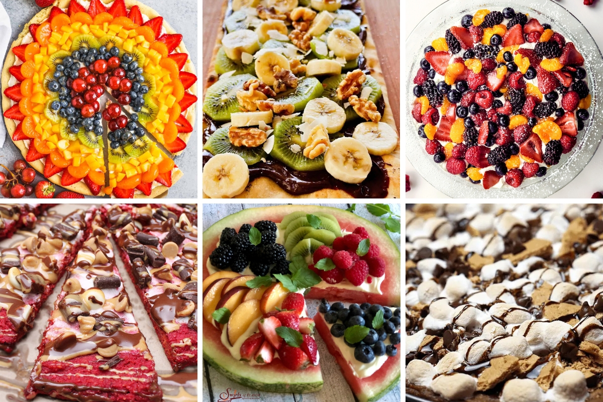 Assorted dessert pizza recipes topped with fruits, chocolate, marshmallows, nuts, and sweet drizzles for creative party treats.