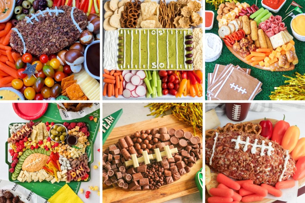 A collage of game day charcuterie board ideas featuring football-themed cheese balls, snack platters, veggie trays, and dessert boards.