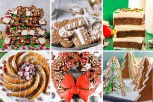 A collage of six delicious Christmas gingerbread treats, including layered bars, decorated cookies, and a bundt cake.