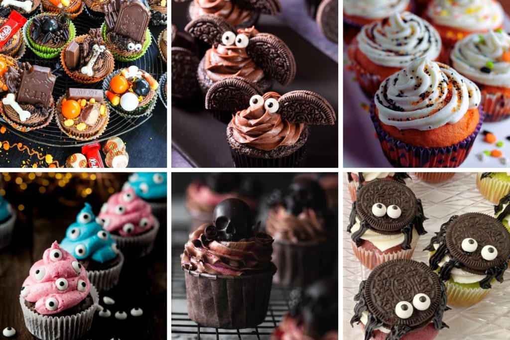 Halloween-themed cupcakes with spooky designs including spiders, bats, monsters, skulls, and colorful festive frosting decorations.