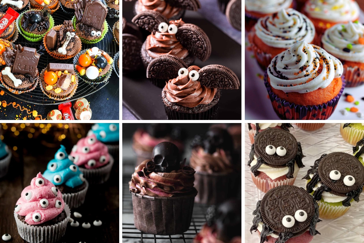 Halloween-themed cupcakes with spooky designs including spiders, bats, monsters, skulls, and colorful festive frosting decorations.
