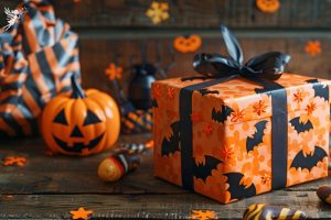halloween wrapped gift ideas in orange and black bat wrapping paper