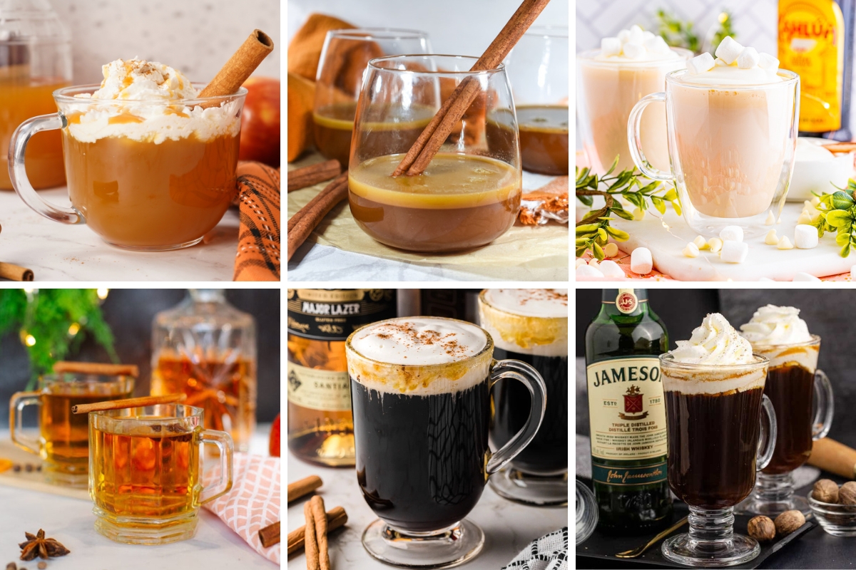 Assorted hot cocktails with whipped cream, cinnamon sticks, and whiskey, served in clear mugs and glasses.