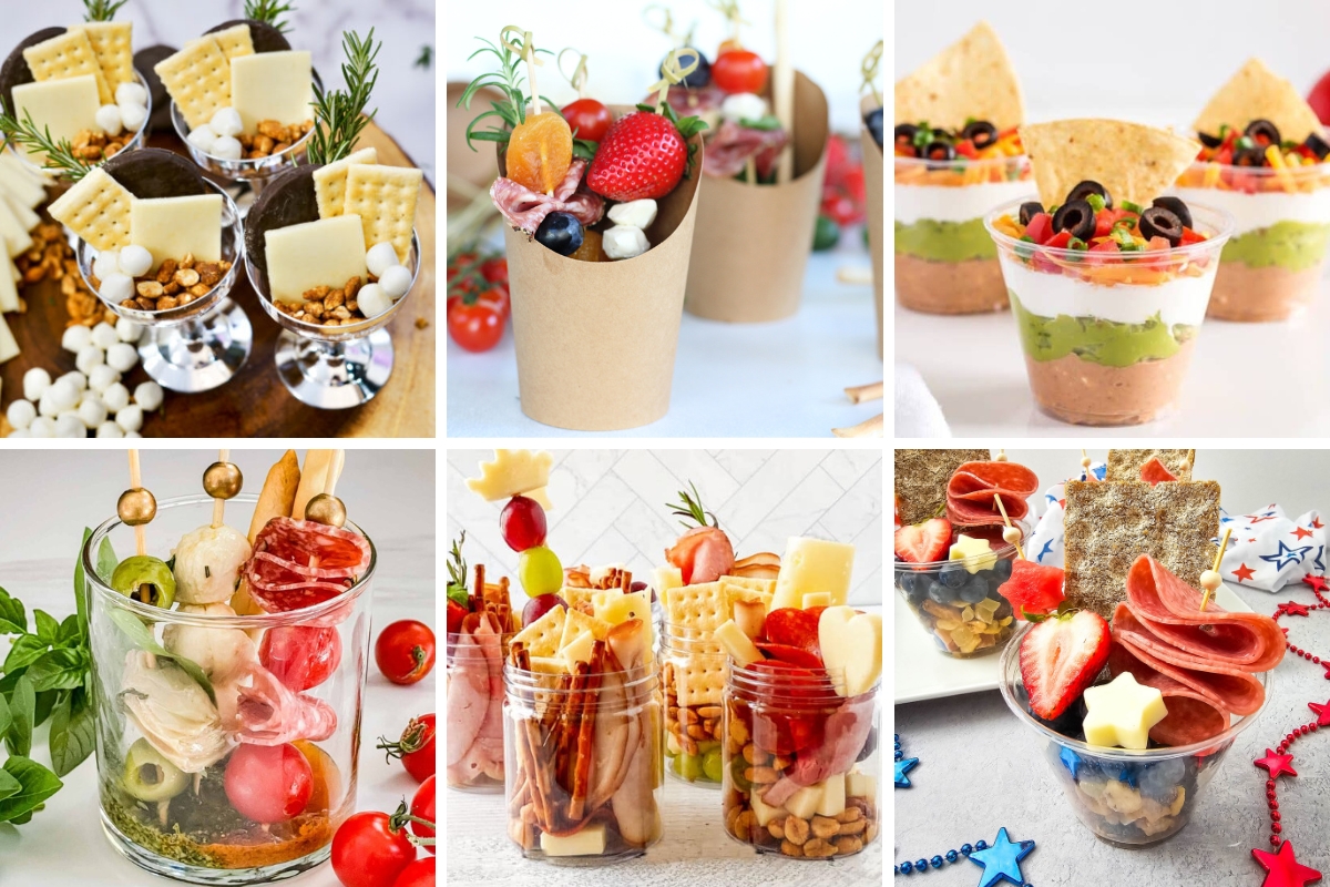 Assorted individual charcuterie cups with meats, cheeses, crackers, fruits, nuts, and dips for parties.
