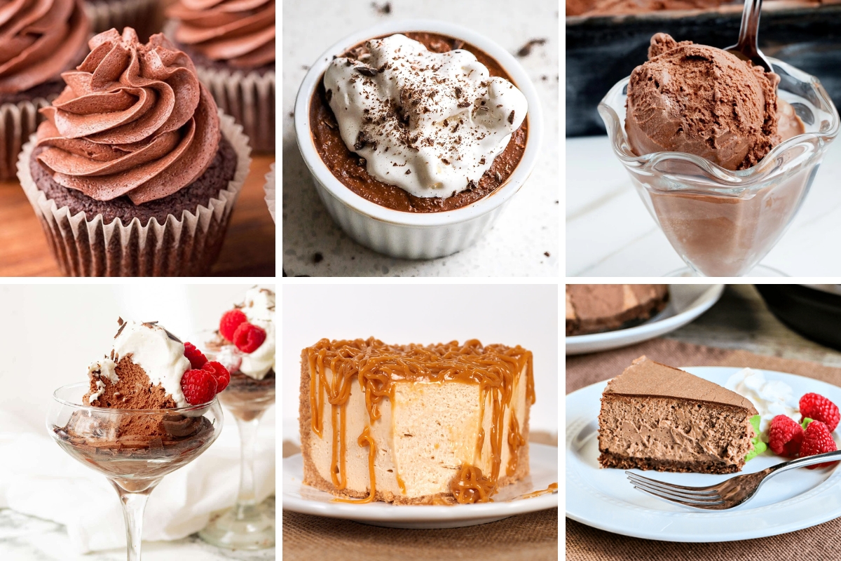 A collage of six rich, chocolate low-carb keto desserts: creamy mousse, dark chocolate ice cream, cupcakes, and two decadent cheesecakes.
