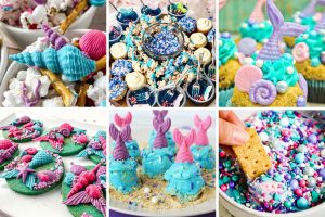 A collage of six images showing various mermaid-themed party foods, including cupcakes with mermaid tail decorations, cookies with shell designs, and a snack mix of popcorn and pretzels with blue and purple candy melts.