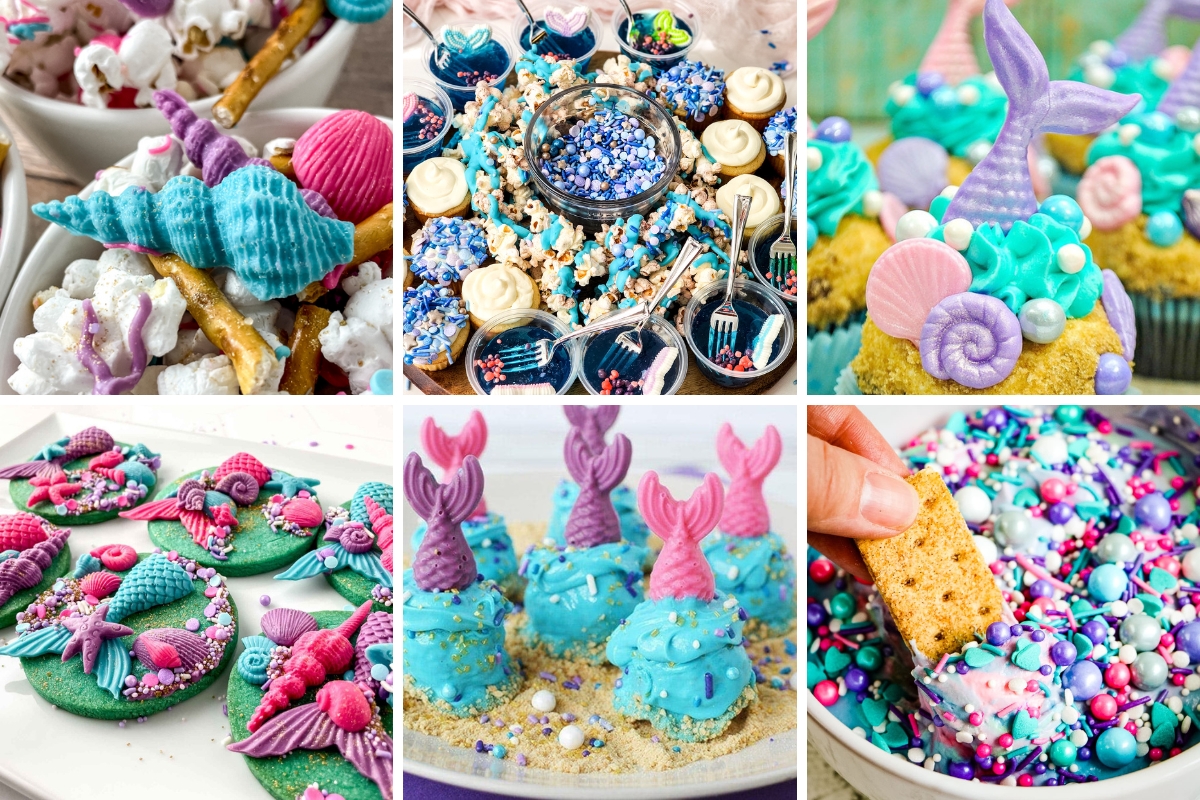 A collage of six images showing various mermaid-themed party foods, including cupcakes with mermaid tail decorations, cookies with shell designs, and a snack mix of popcorn and pretzels with blue and purple candy melts.