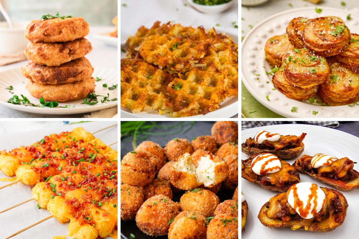 A variety of potato appetizers including fritters, waffles, stacked potatoes, skewers, croquettes, and loaded potato skins.