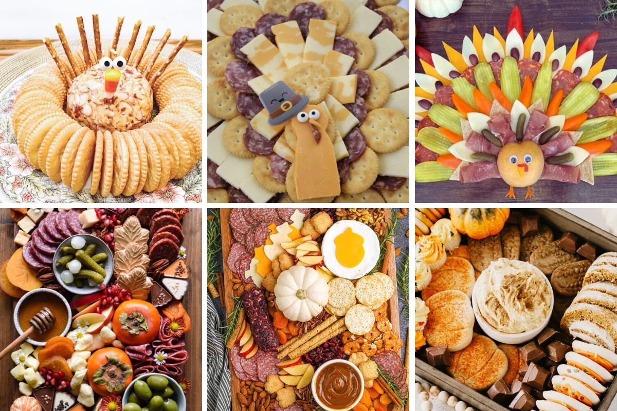 Thanksgiving charcuterie board ideas with turkey-shaped cheese displays, meats, crackers, fruits, dips, and festive treats.