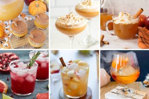 Assorted Thanksgiving cocktails featuring cider, sangria, and festive drinks with fruit, spices, and garnishes in elegant glasses.