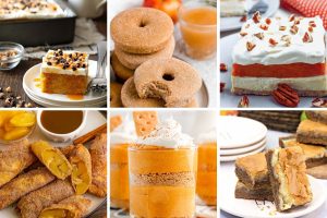 colalge of fall-themed dessert dishes for a thanksgiving themed party