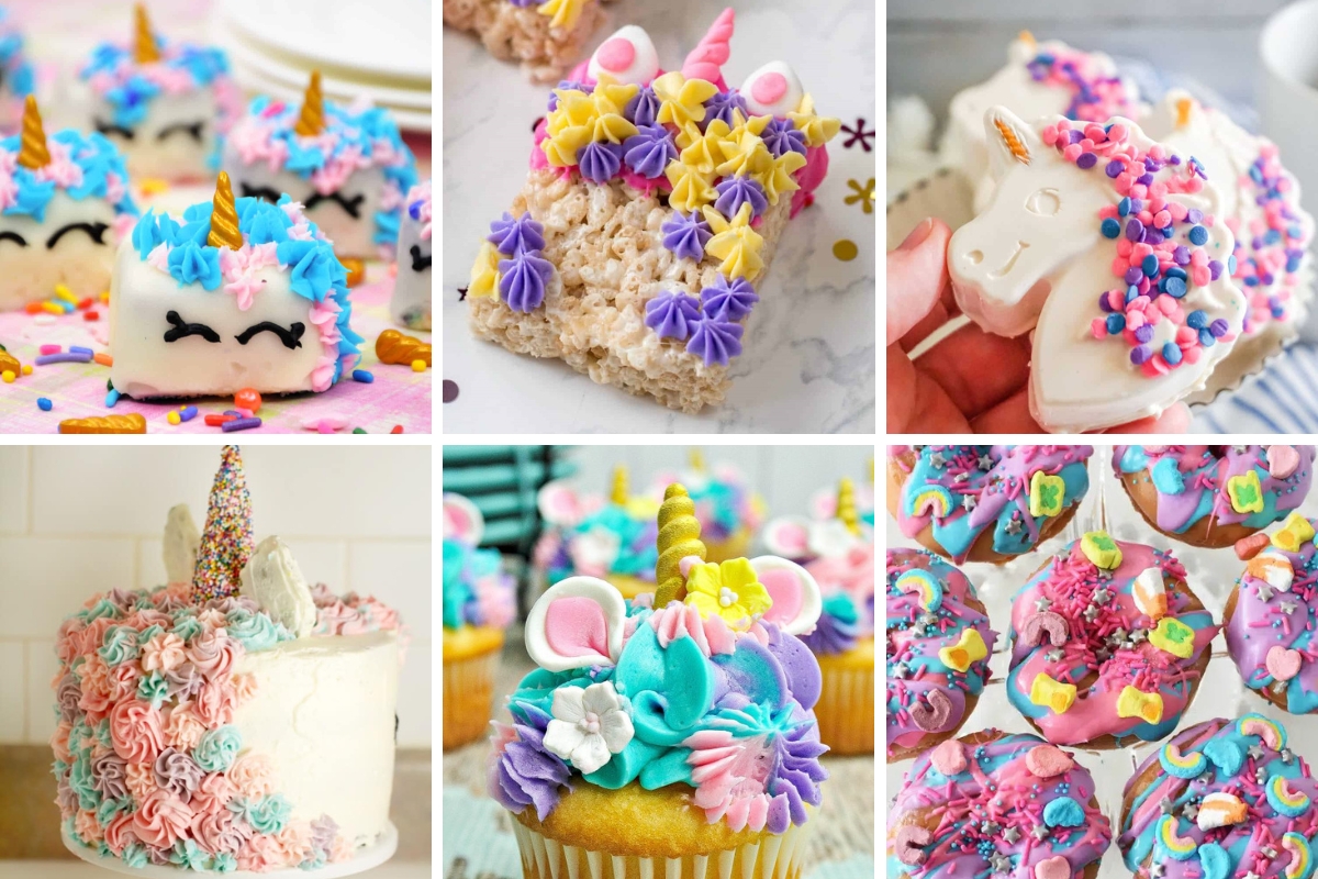 A collage of six brightly colored unicorn-themed party foods: Rice Krispies, cookies, cupcakes, a layer cake, and frosted doughnuts.
