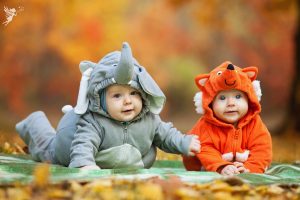 Cute little babies in an elephant and fox halloween costume lying in leaves