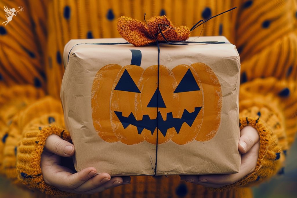 a child holding a brown paper package wrapped with orange bow and a pumpkin face, gifting for halloween