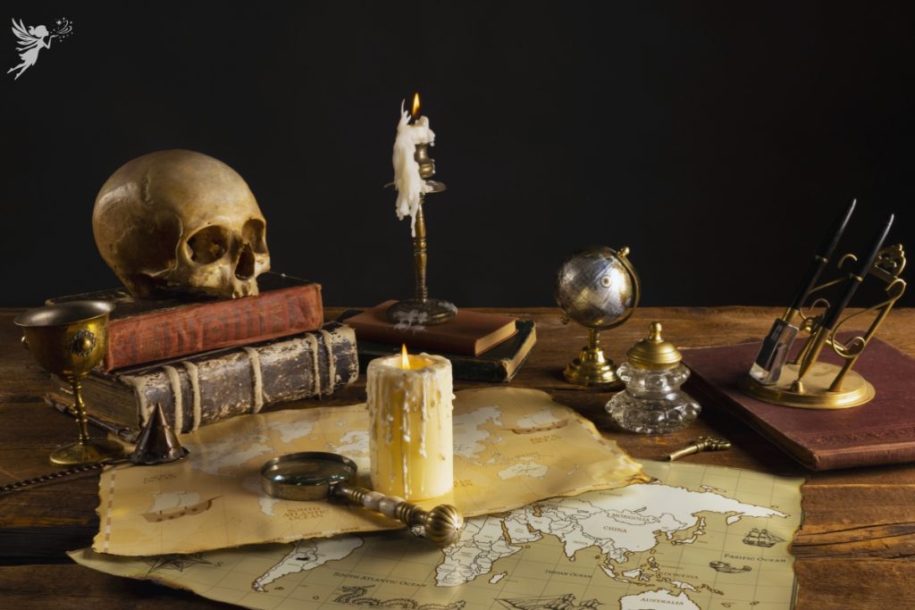 spooky scene showing treasure map and skull for treasure hunt clues
