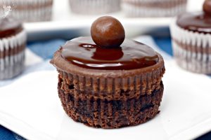 A mini triple chocolate cheesecake with a layered texture, a glossy chocolate glaze, and a malt ball garnish on a white plate.