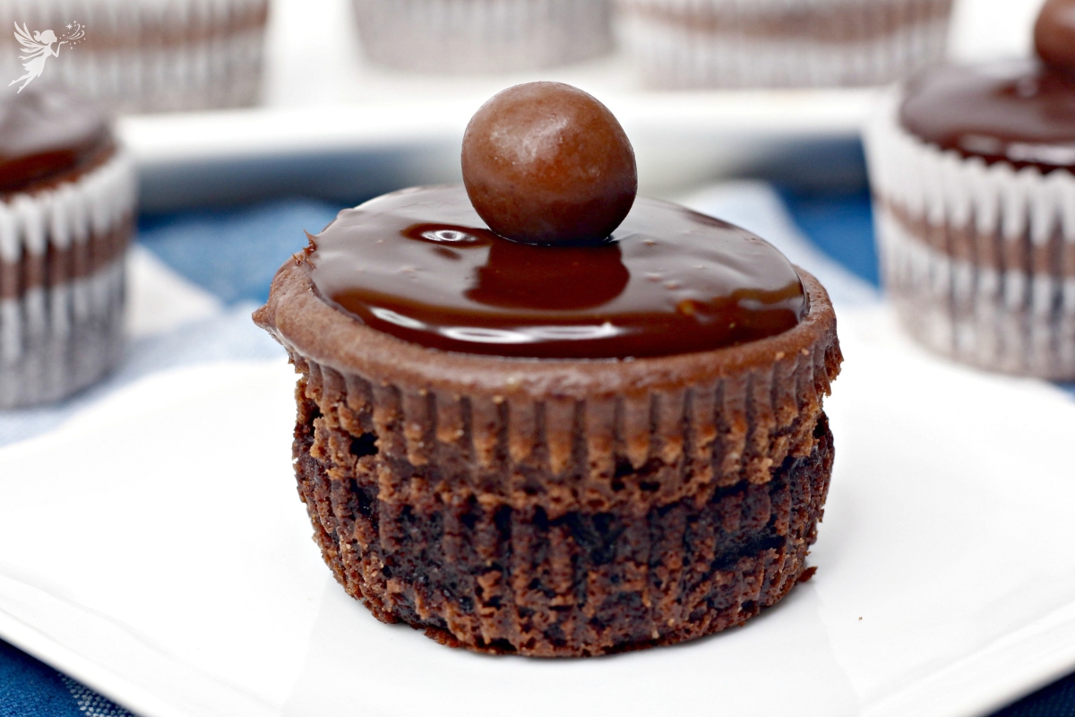 A mini triple chocolate cheesecake with a layered texture, a glossy chocolate glaze, and a malt ball garnish on a white plate.