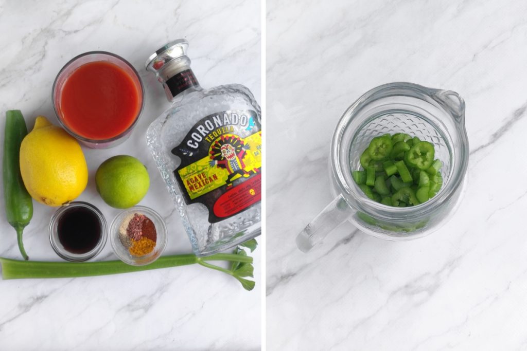 Ingredients and process image for making Vampire Bloody Mary Shots - celery and jalapenos cut and placed in pitcher
