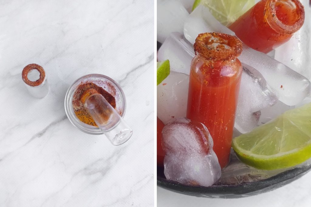 Process image for making Vampire Bloody Mary Shots - dip rim of test tube shot glasses in salt and spice mixture, served in a bowl with ice and lime lemon wedges