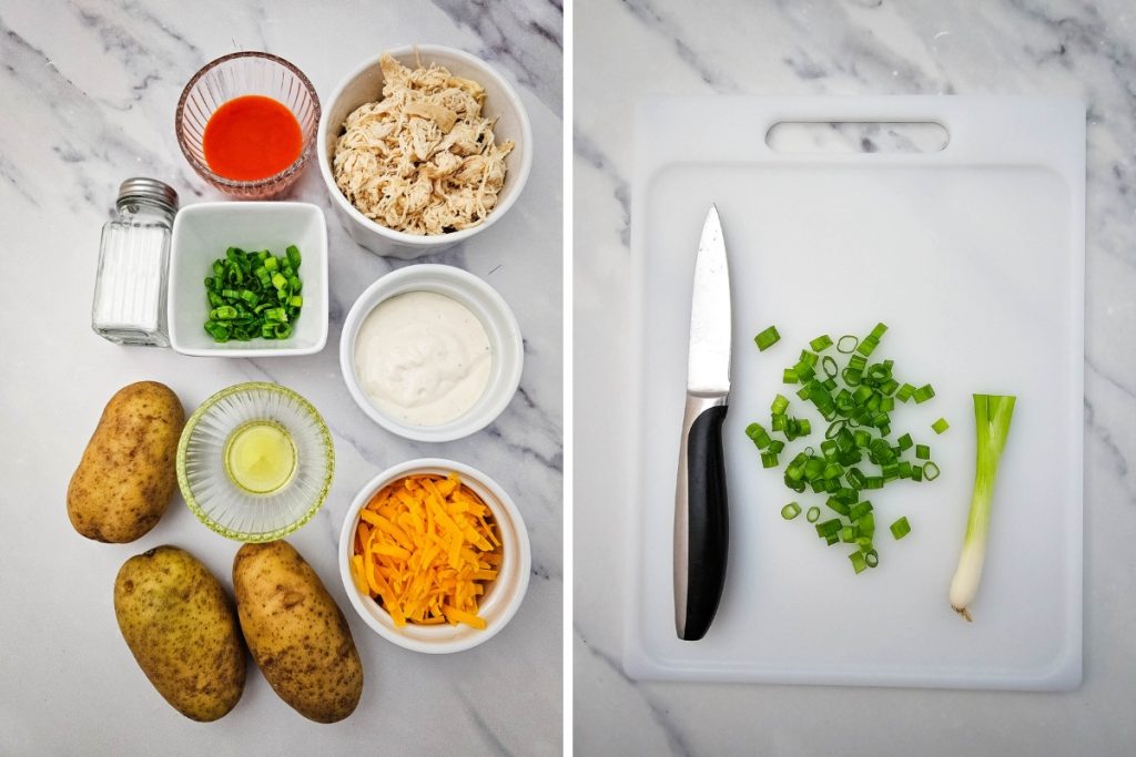 Ingredients and process image for making Buffalo Chicken Potato Skins - diced the green onions