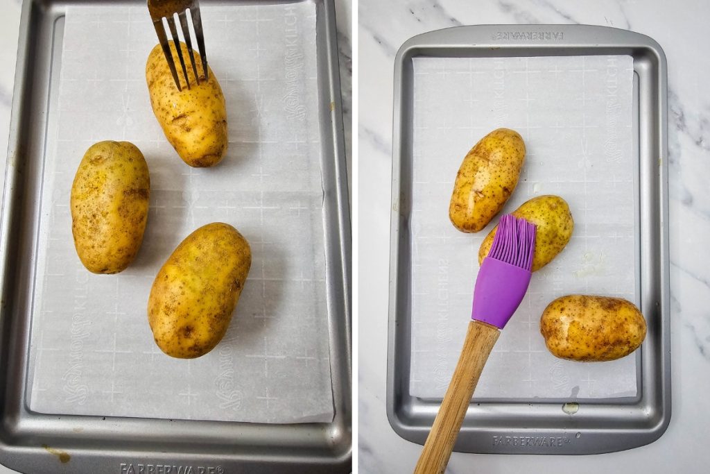 Process image for making Buffalo Chicken Potato Skins - poked holes in potatoes using fork then brushed with olive oil