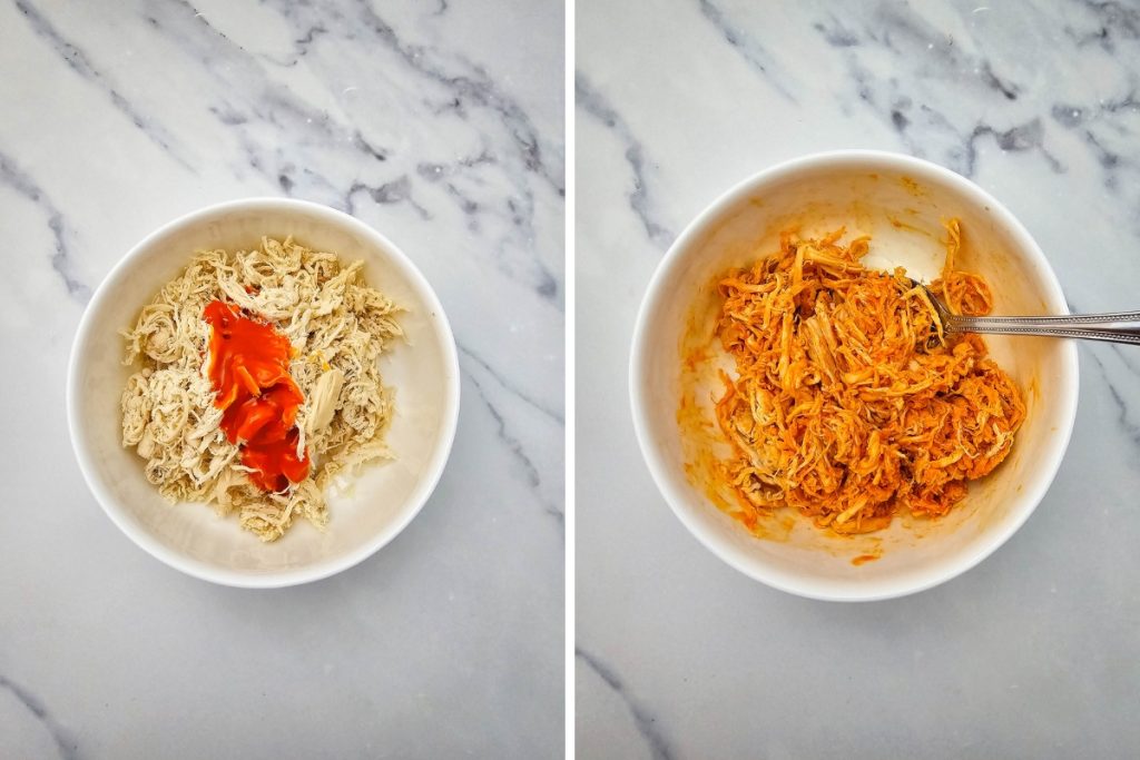 Process image for making Buffalo Chicken Potato Skins - Stirred the buffalo wing sauce into the shredded chicken