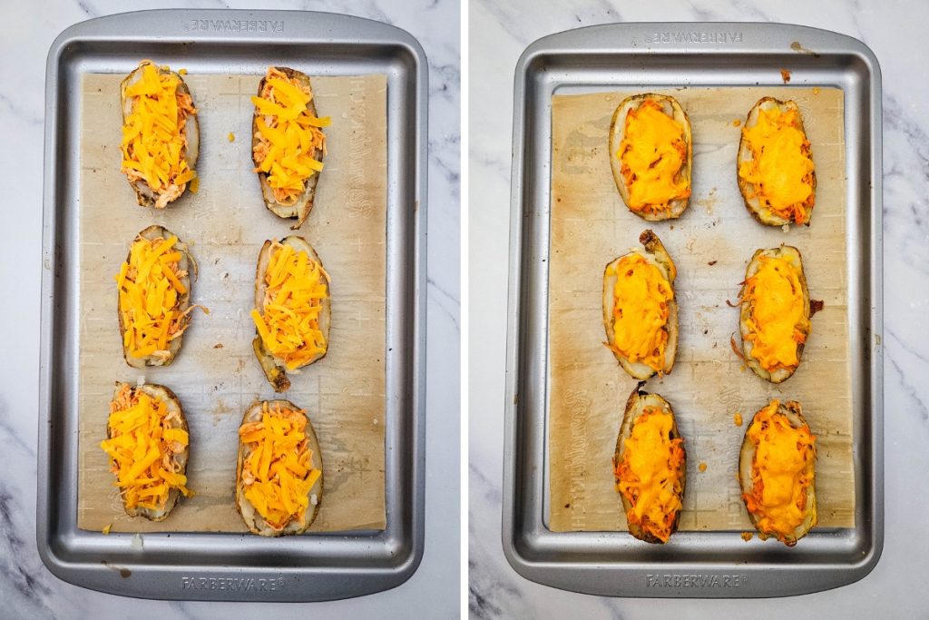 Process image for making Buffalo Chicken Potato Skins - added cheese on top of chicken mixture then baked until melted
