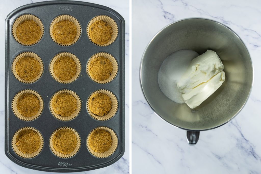 Process image for making Caramel Apple Cheesecakes - put graham mixture into bottom of cupcake liners for cupcake crust