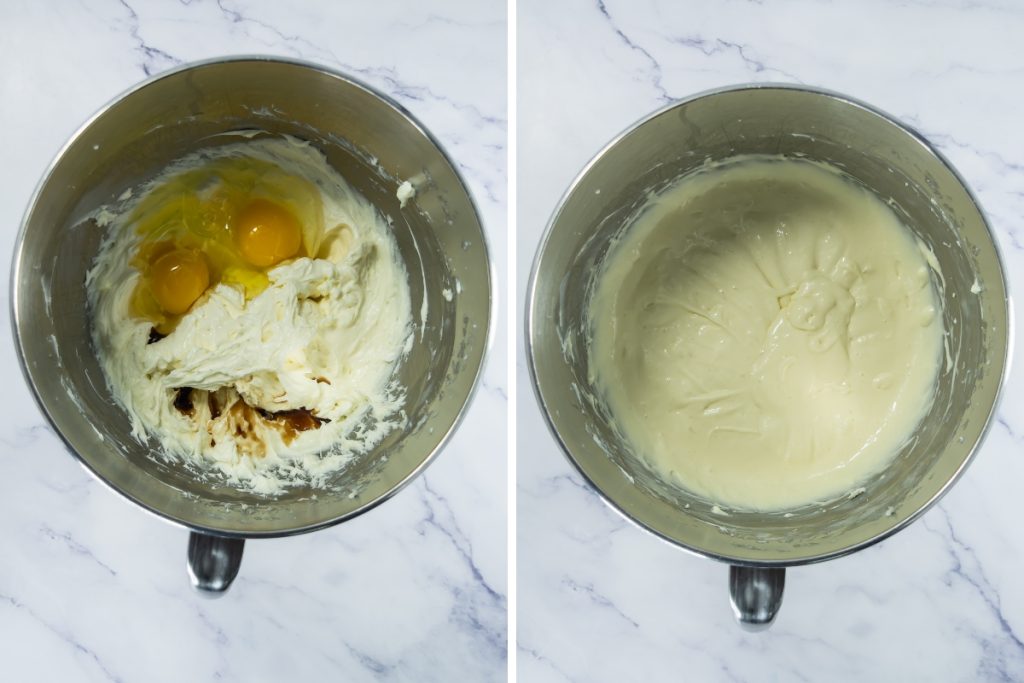 Process image for making Caramel Apple Cheesecakes - combined cream cheese, sugar, vanilla and eggs in stand mixer until smooth