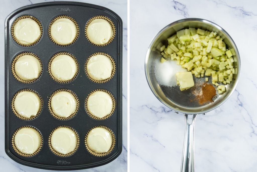 Process image for making Caramel Apple Cheesecakes - scoop cupcake batter into the cupcake liners with graham crust. Also combine diced apple, butter, sugar, cinnamon, and cloves in saucepan