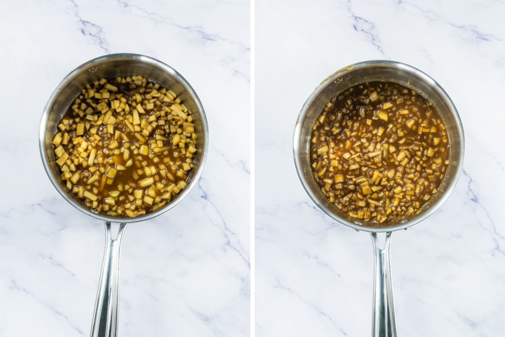 Process image for making Caramel Apple Cheesecakes - added caramel topping to saucepan
