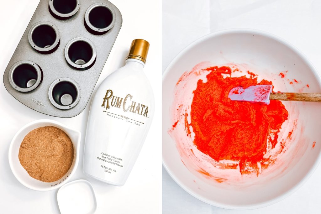 Process image for making Chocolate Peppermint Pudding Shots - tinted half of dough mixture with red food coloring
