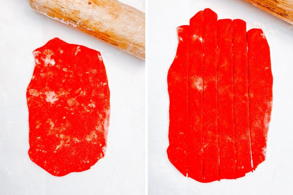 Process image for making Chocolate Peppermint Pudding Shots - rolled dough into strips of red