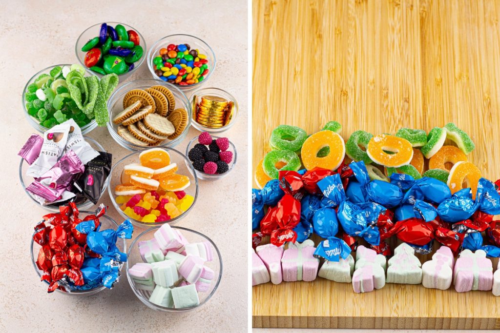 Ingredients and process image for making Christmas Tree Candy Charcuterie - forming tree from bottom up started with marshmallows, wrapped candies and jelly ring gummies