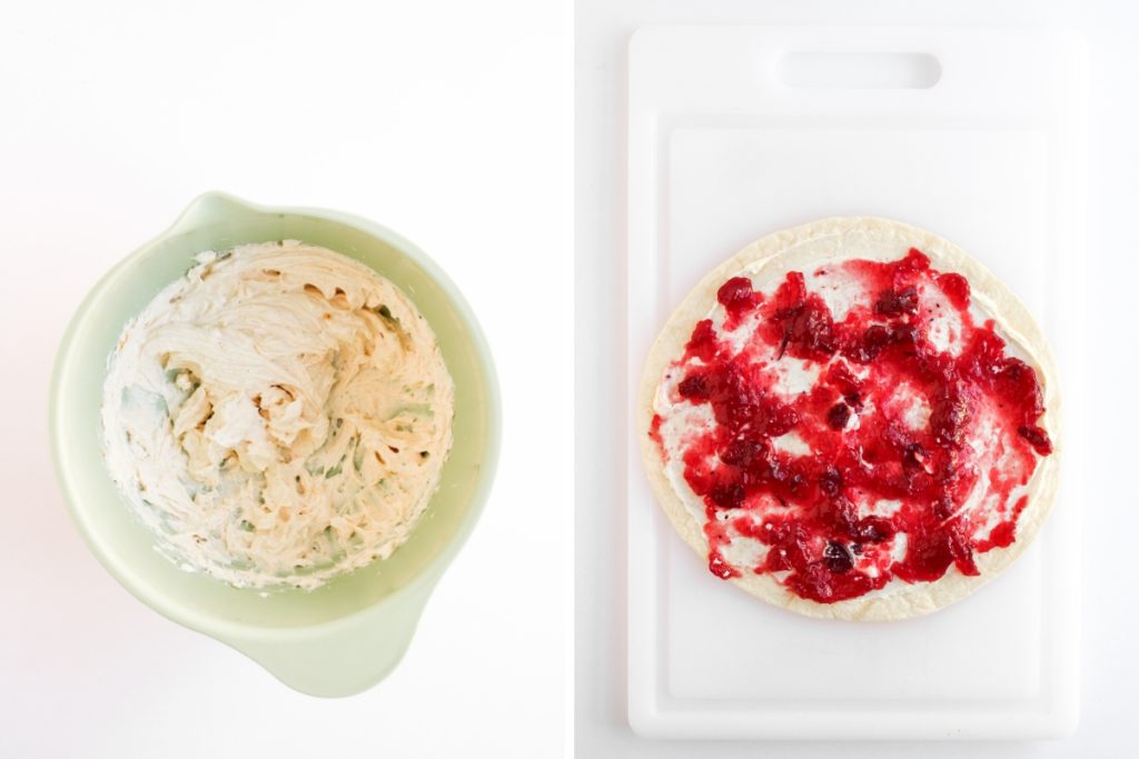 Process image for making Cranberry Turkey Pinwheels - a layer of the cream cheese mixture is spread evenly over the tortilla then a spoonful of cranberry sauce