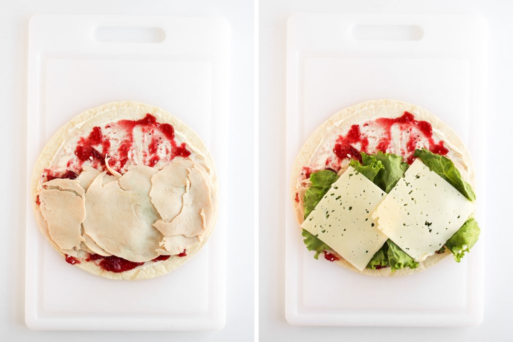Process image for making Cranberry Turkey Pinwheels - Layered 3 turkey slices along the lower third of the tortilla, followed by lettuce leaves and two slices of Havarti cheese.