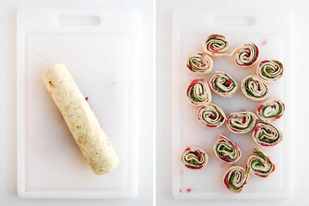 Process image for making Cranberry Turkey Pinwheels - rolled the tortilla tightly then sliced into pinwheels