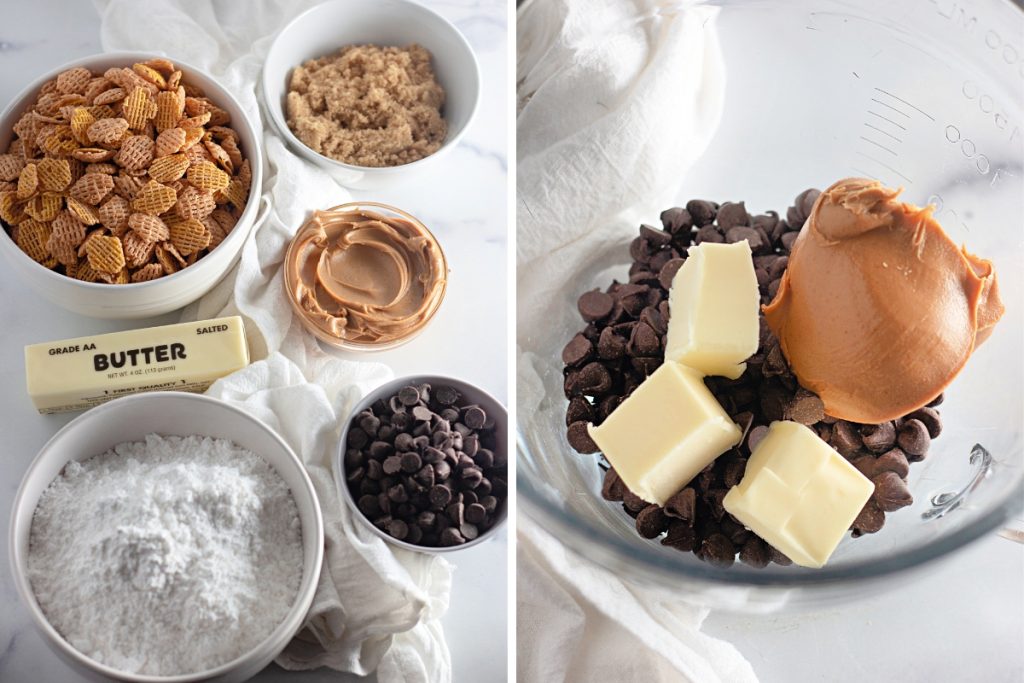 Ingredients and process image for making Crispix Muddie Buddies Christmas Mix - chocolate chips, peanut butter and butter in a microwave safe bowl for melting