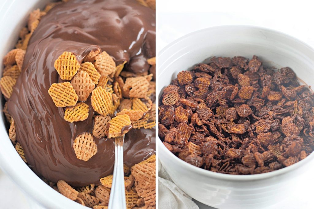 Process image for making Crispix Muddie Buddies Christmas Mix - gentle tossed until cereal is well coated in chocolate.