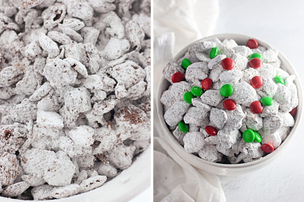 Process image for making Crispix Muddie Buddies Christmas Mix - Added powdered sugar and gently tossed until cereal is completed coated.