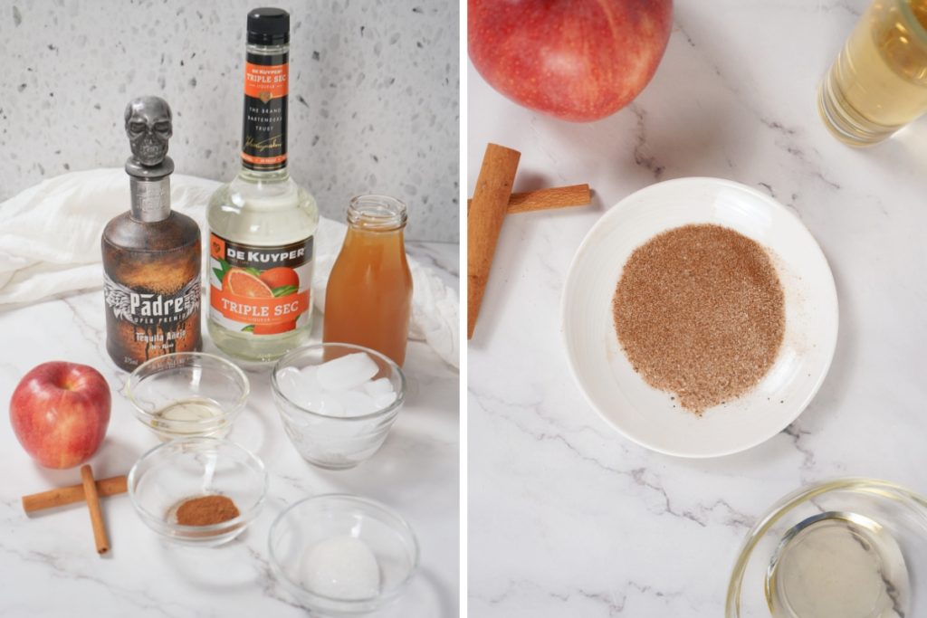 Ingredients and process image for making Frozen Apple Pie Spice Margarita - combined sugar and apple pie spice in a small plate