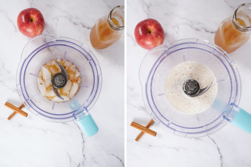 Process image for making Frozen Apple Pie Spice Margarita - combined ice, tequila, triple sec, agave, apple cider, and a pinch of apple pie spice in a blender until smooth