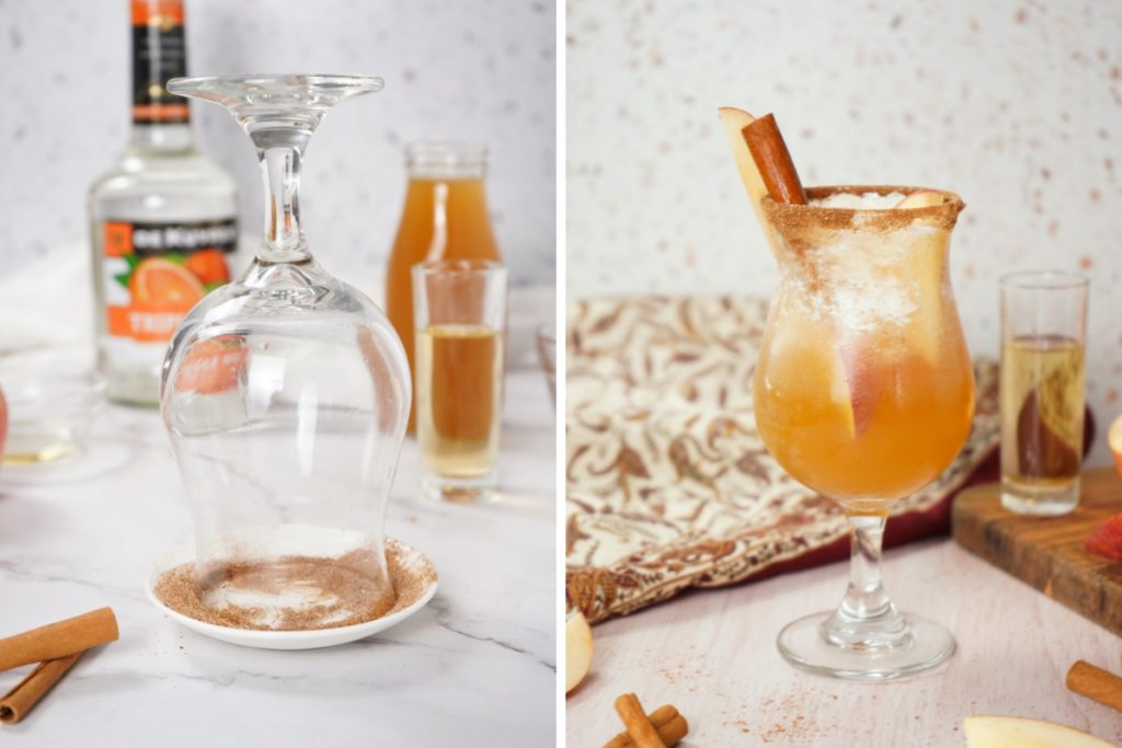 Process image for making Frozen Apple Pie Spice Margarita - rimmed cocktail glass with sugar and apple pie spice mixture, added blended mixture and garnished with apple slices and cinnamon stick