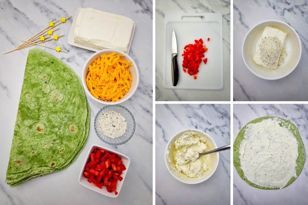 Ingredients and process image for making Christmas Tree Pinwheels - red pepper diced, cream cheese and ranch seasoning mixed and spread on wraps