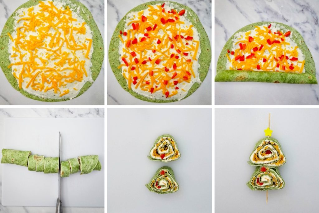 Process image for making Christmas Tree Pinwheels - sprinkled cheese and diced red peppers, rolled, sliced and put into star food picks