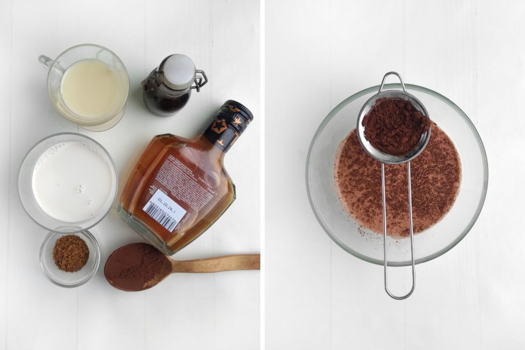 Ingredients and process image for making Homemade Irish Cream - in a bowl, mixed the cream, condensed sweet milk, vanilla syrup and sifted cocoa powder